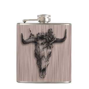 Bull Skull und Rose mit Fasermuster Flachmann