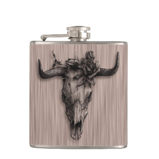 Bull Skull und Rose mit Fasermuster Flachmann