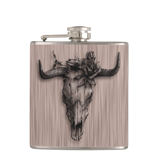 Bull Skull und Rose mit Fasermuster Flachmann (Vorderseite)