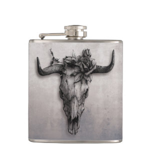 Bull Skull und Rose rustikal Grau Flachmann