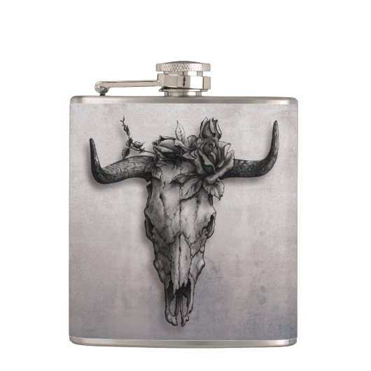 Bull Skull und Rose rustikal Grau Flachmann (Vorderseite)