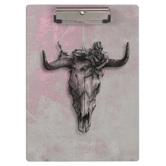 Bull Skull und Rose Rustikal rosa grau Klemmbrett (Vorderseite)