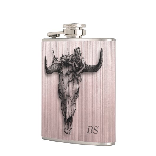 Bull Skull und Rose Streifen Rose Gold Monogramm Flachmann (Links)