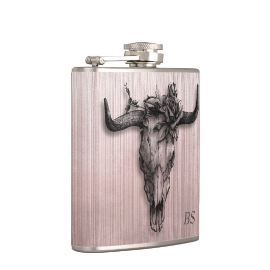 Bull Skull und Rose Streifen Rose Gold Monogramm Flachmann (Rechts)