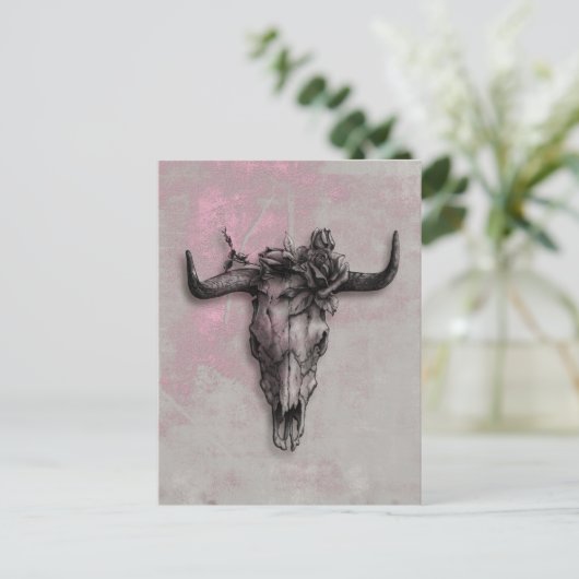 Bull Skull und Rose und Graurosa Abstrakte Kunst Postkarte (Stehend Vorderseite)