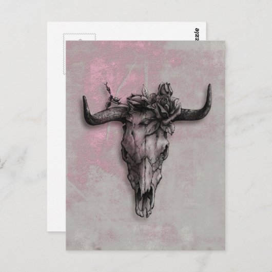 Bull Skull und Rose und Graurosa Abstrakte Kunst Postkarte (Vorne/Hinten)