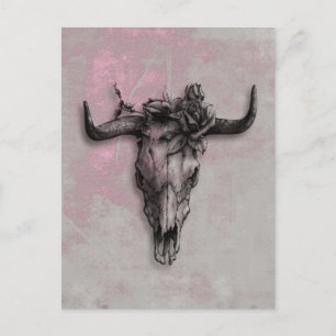 Bull Skull und Rose und Graurosa Abstrakte Kunst Postkarte
