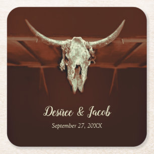 Bull Skull Wedding Rustic Brown Country Western Rechteckiger Pappuntersetzer