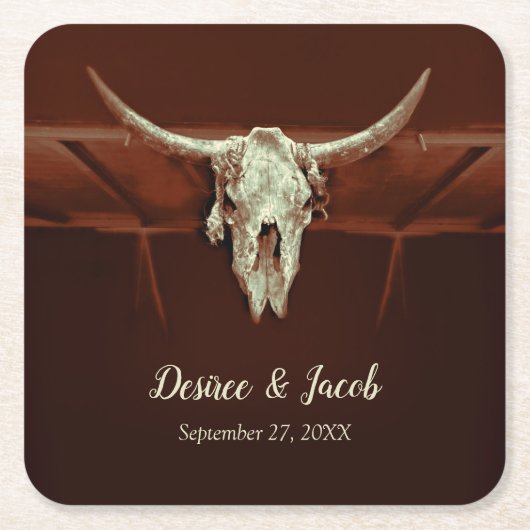 Bull Skull Wedding Rustic Brown Country Western Rechteckiger Pappuntersetzer (Vorderseite)