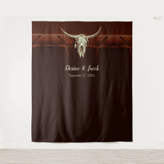 Bull Skull Wedding Western Rustikal brauner Hinter Wandteppich (Vorderseite)