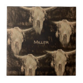 Bull Skull Western Rustikales Land Braun Sepia Art Fliese (Vorderseite)