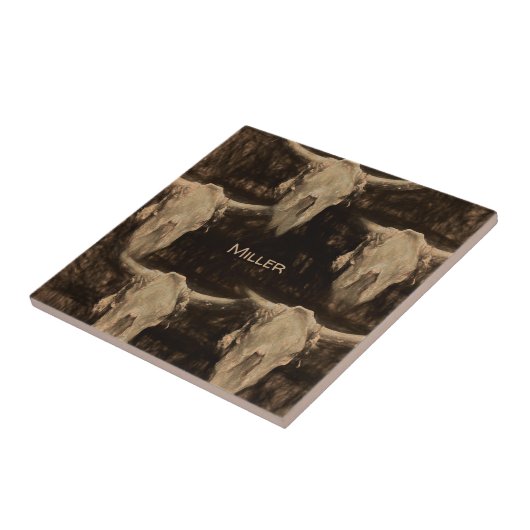 Bull Skull Western Rustikales Land Braun Sepia Art Fliese (Seite)