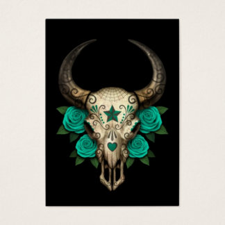 Bull Sugar Skull mit Aquamarinen Rose auf schwarz