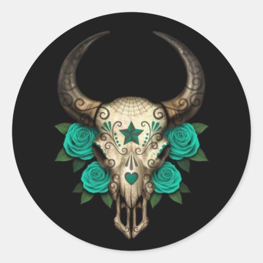 Bull Sugar Skull mit Aquamarinen Rose auf schwarz Runder Aufkleber (Vorderseite)