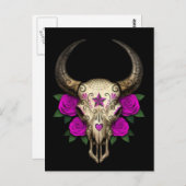 Bull Sugar Skull mit Lila Rose auf schwarz Postkarte (Vorne/Hinten)
