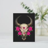 Bull Sugar Skull mit rosa Rosen auf schwarz Postkarte (Stehend Vorderseite)
