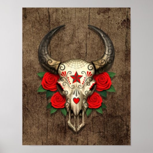 Bull Sugar Skull mit Rote Rosen auf Holzgrafik Poster (Vorne)
