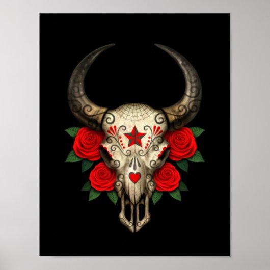 Bull Sugar Skull mit Rote Rosen auf schwarz Poster (Vorne)