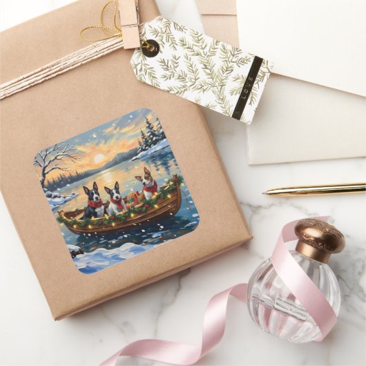 Bull Terrier Christmas Boat Holiday Quadratischer Aufkleber (Schenken)