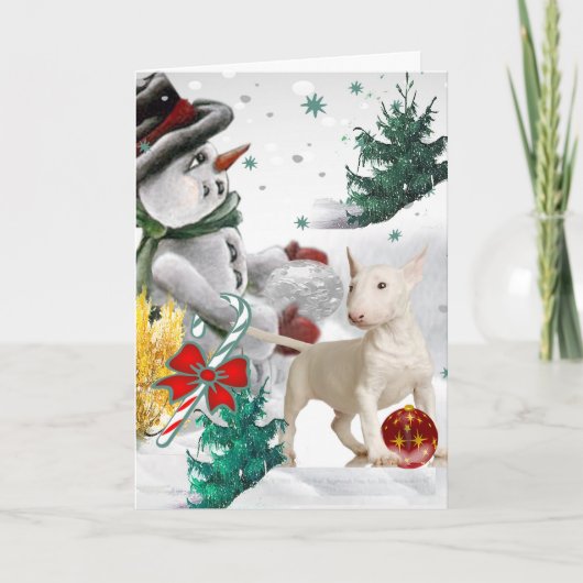 Bull Terrier Christmas mit Snowman Feiertagskarte (Vorderseite)