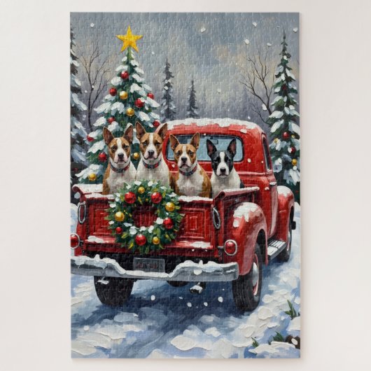 Bull Terrier Christmas Red Truck Holiday Puzzle (Vertikal)