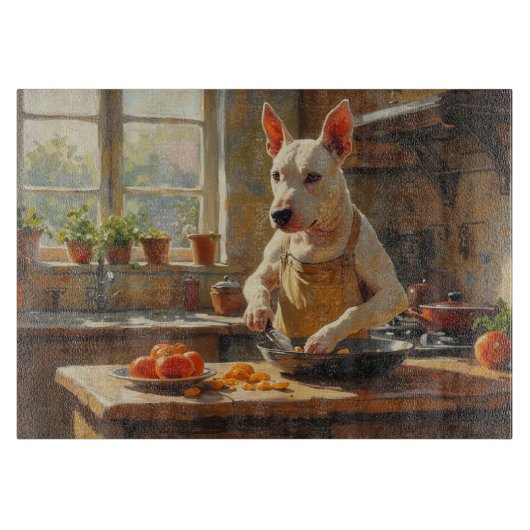 Bull Terrier Cooking in Kitchen Schneidebrett (Vorderseite)