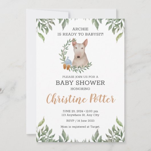Bull Terrier Dog Boy Boho Greenery Baby Shower Einladung (Vorderseite)