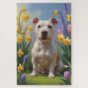 Bull Terrier Dog Frühlingsblumen Malerei Puzzle