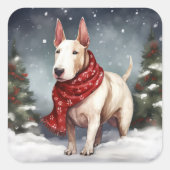 Bull Terrier Dog im Schnee Weihnachten Quadratischer Aufkleber (Vorderseite)