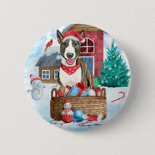 Bull Terrier Dog im Schnee Weihnachtshundehaus Button
