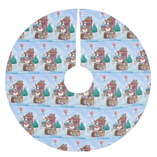 Bull Terrier Dog im Schnee Weihnachtshundehaus Polyester Weihnachtsbaumdecke (Vorderseite)