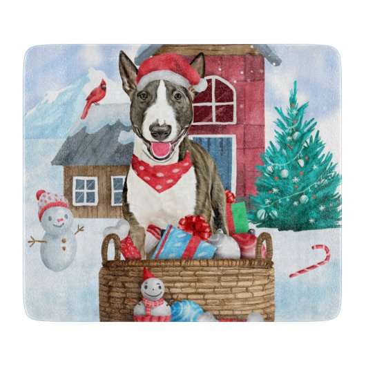 Bull Terrier Dog im Schnee Weihnachtshundehaus Schneidebrett (Vorderseite)