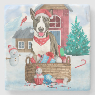 Bull Terrier Dog im Schnee Weihnachtshundehaus Steinuntersetzer