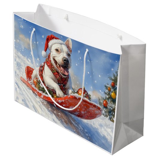 Bull Terrier Dog in Sledge Let it Schnee Weihnacht Große Geschenktüte (Rückseite Schrägansicht)