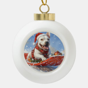 Bull Terrier Dog in Sledge Let it Schnee Weihnacht Keramik Kugel-Ornament