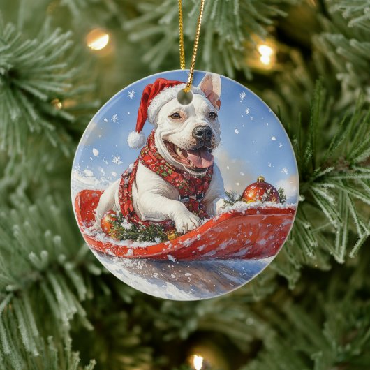 Bull Terrier Dog in Sledge Let it Schnee Weihnacht Keramik Ornament (Baum)