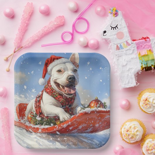 Bull Terrier Dog in Sledge Let it Schnee Weihnacht Pappteller (Party)
