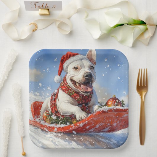 Bull Terrier Dog in Sledge Let it Schnee Weihnacht Pappteller (Hochzeit)