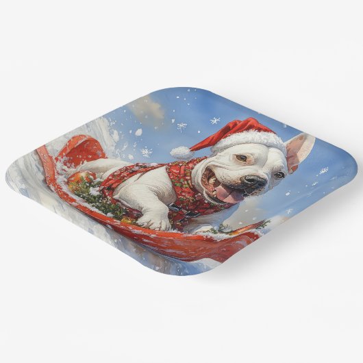 Bull Terrier Dog in Sledge Let it Schnee Weihnacht Pappteller (Gewinkelt)