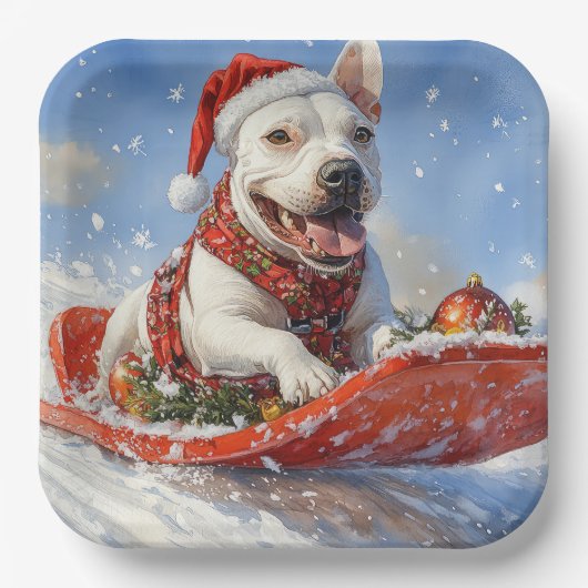Bull Terrier Dog in Sledge Let it Schnee Weihnacht Pappteller (Vorderseite)