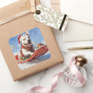 Bull Terrier Dog in Sledge Let it Schnee Weihnacht Quadratischer Aufkleber