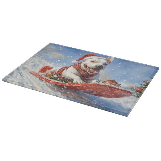 Bull Terrier Dog in Sledge Let it Schnee Weihnacht Schneidebrett (Ecke)