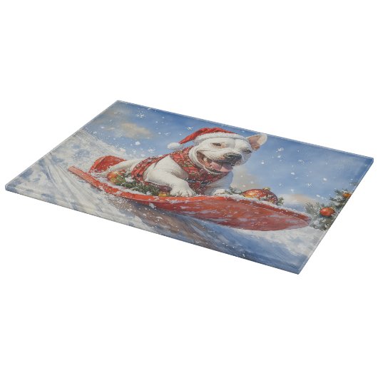 Bull Terrier Dog in Sledge Let it Schnee Weihnacht Schneidebrett (Ecke)