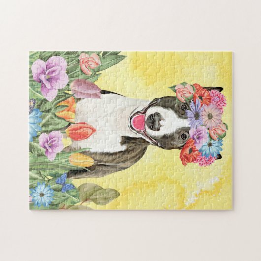 Bull Terrier Dog mit Blume Spring Puzzle (Horizontal)
