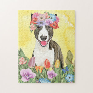 Bull Terrier Dog mit Blume Spring Puzzle