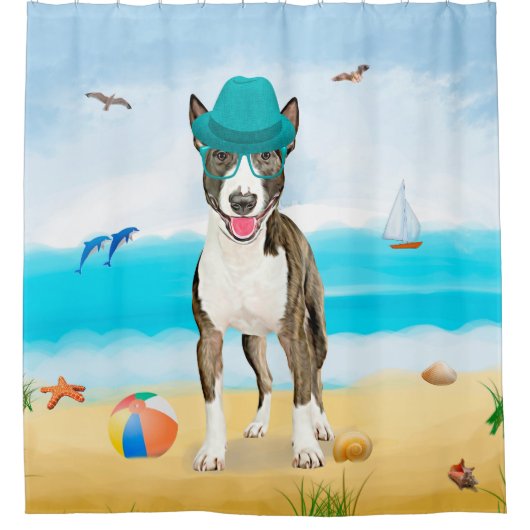 Bull Terrier Dog on Beach Duschvorhang (Vorderseite)