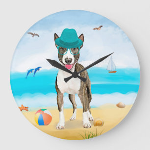 Bull Terrier Dog on Beach Große Wanduhr