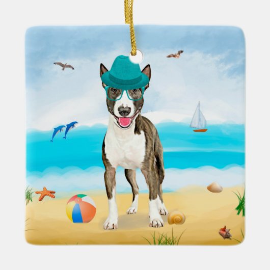 Bull Terrier Dog on Beach Keramikornament (Vorderseite)
