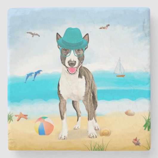 Bull Terrier Dog on Beach Steinuntersetzer (Vorderseite)