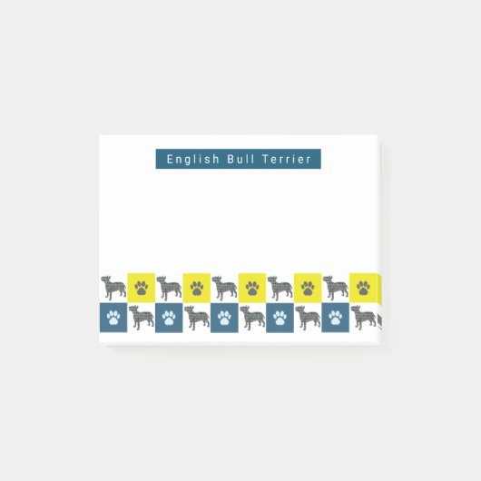 Bull Terrier Dog & Paw Yellow & Blue Grid Post-it Klebezettel (Vorderseite)